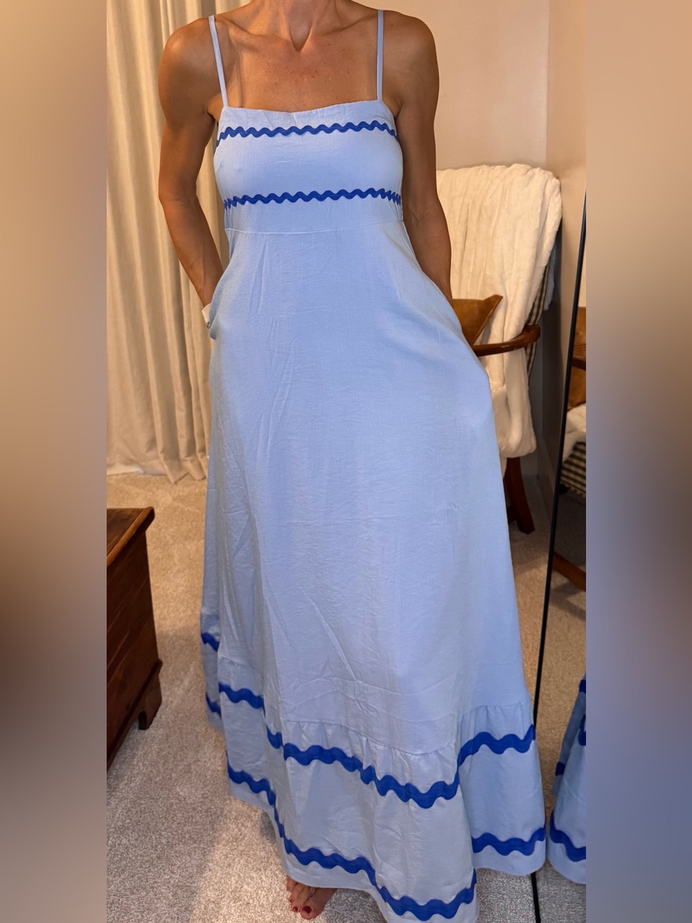 Light Blue Maxi Dress with Royal Blue Trim — Sleeveless Pocket Maxi